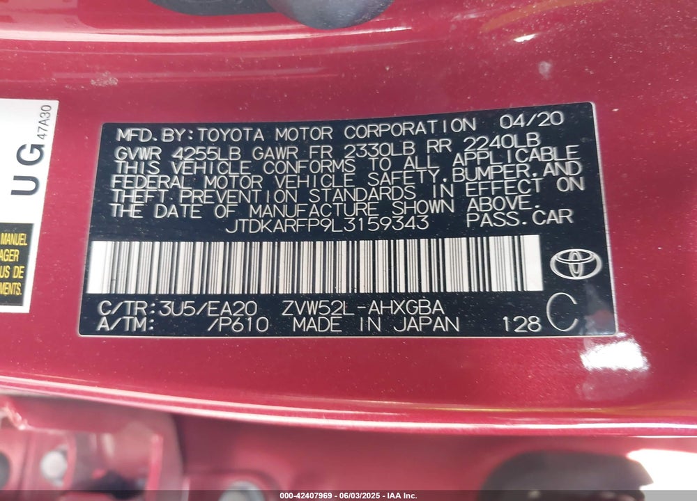 2020 TOYOTA PRIUS PRIME XLE VIN: JTDKARFP9L3159343