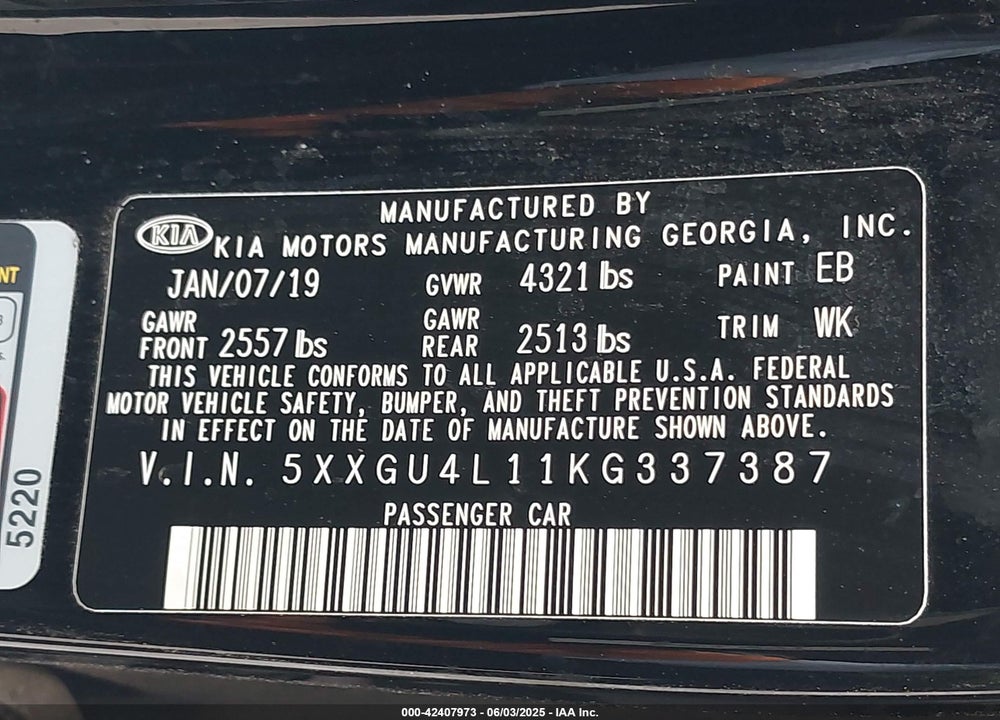 2019 KIA OPTIMA VIN: 5XXGU4L11KG337387