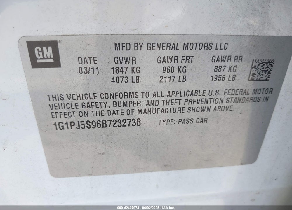 2011 CHEVROLET CRUZE VIN: 1G1PJ5S96B7232738