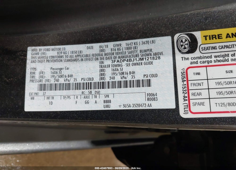 2018 FORD FIESTA VIN: 3FADP4BJ1JM121828