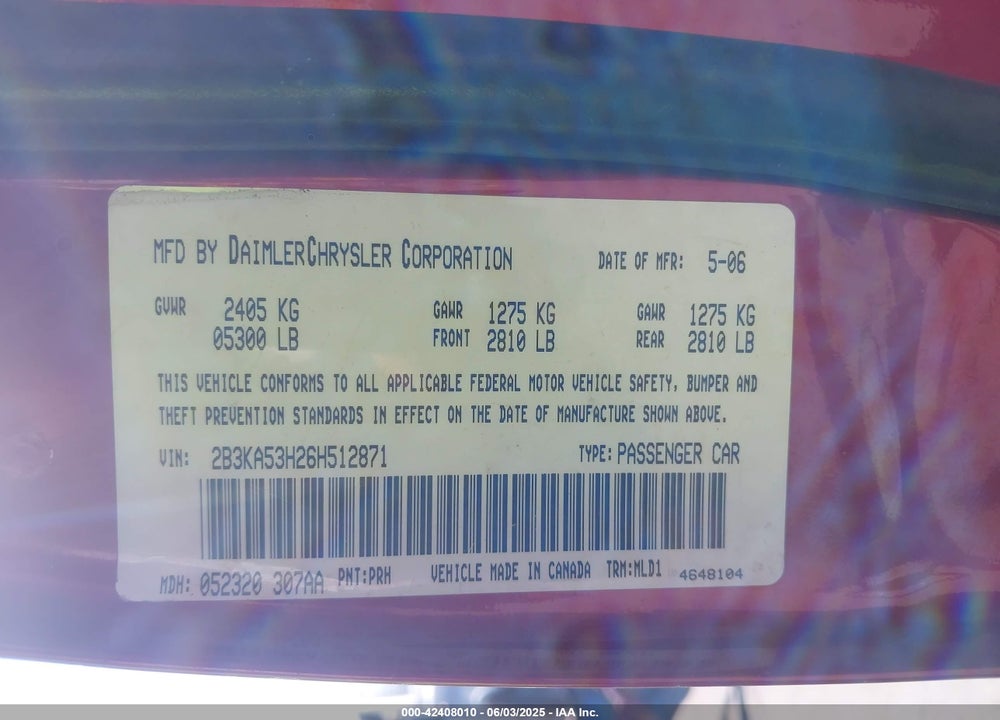 2006 DODGE CHARGER VIN: 2B3KA53H26H512871