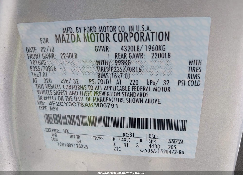 2010 MAZDA TRIBUTE VIN: 4F2CY0C78AKM06791