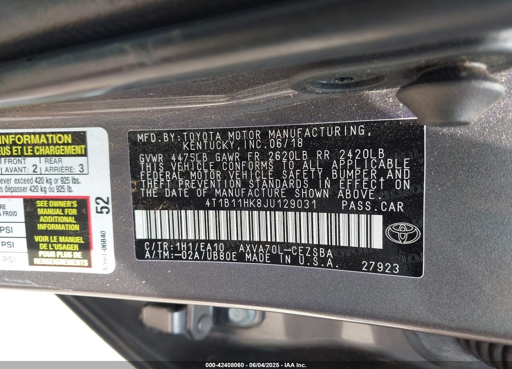 2018 TOYOTA CAMRY L/LE/XLE/SE/XSE VIN: 4T1B11HK8JU129031