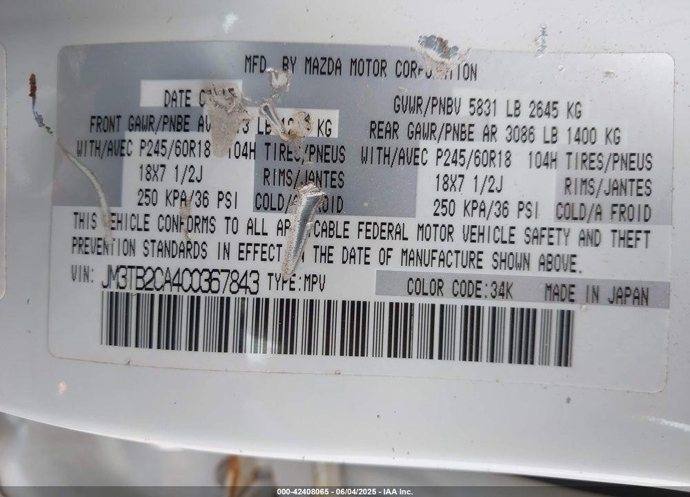 2012 MAZDA CX-9 VIN: JM3TB2CA4C0367843
