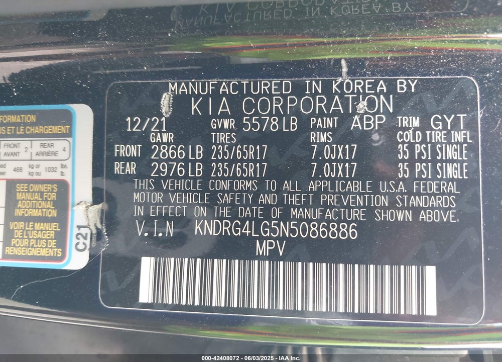 2022 KIA SORENTO HYBRID VIN: KNDRG4LG5N5086886