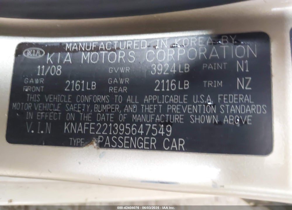 2009 KIA SPECTRA EX VIN: KNAFE221395647549