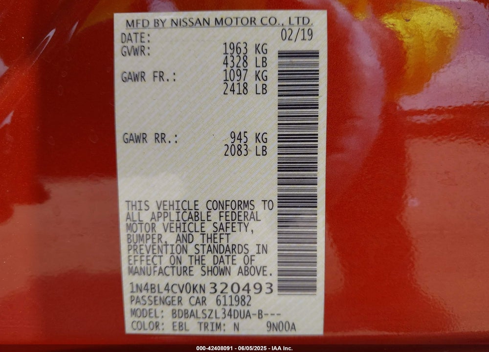 2019 NISSAN ALTIMA VIN: 1N4BL4CV0KN320493