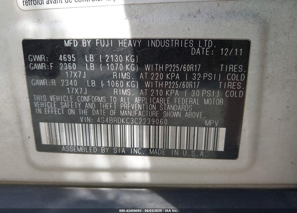 2012 SUBARU OUTBACK VIN: 4S4BRDKC3C2239060