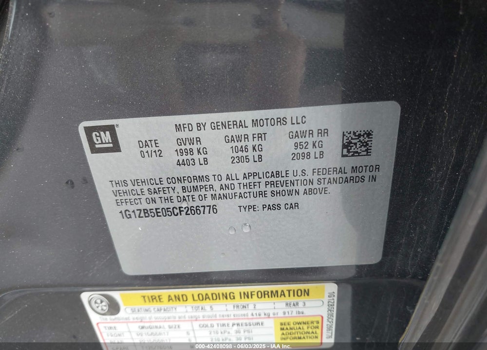 2012 CHEVROLET MALIBU VIN: 1G1ZB5E05CF266776