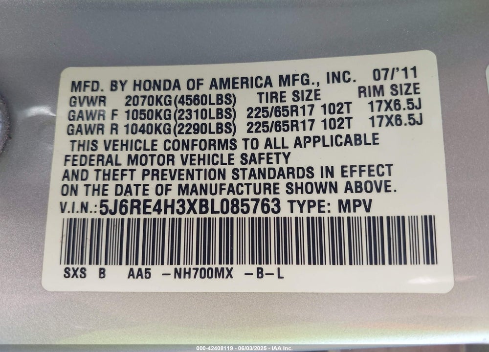 2011 HONDA CR-V VIN: 5J6RE4H3XBL085763