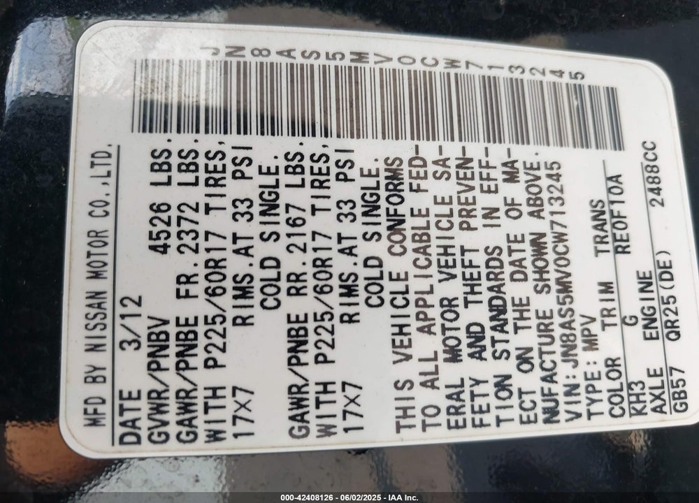 2012 NISSAN ROGUE VIN: JN8AS5MV0CW713245