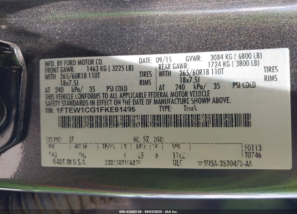 2015 FORD F-150 VIN: 1FTEW1CG1FKE61496