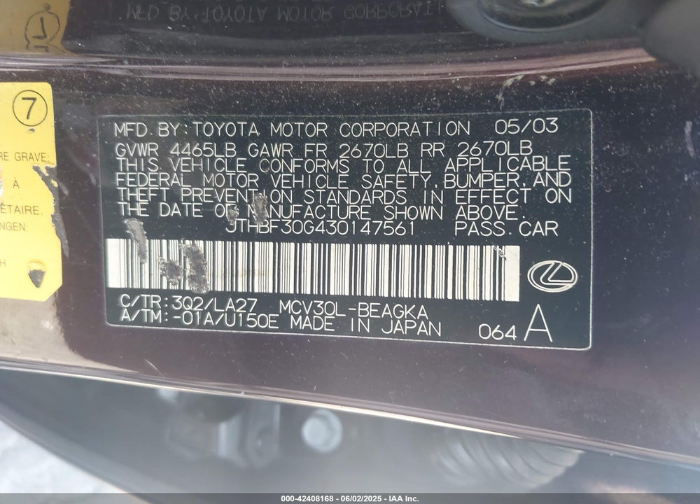 2003 LEXUS ES 300 VIN: JTHBF30G430147561