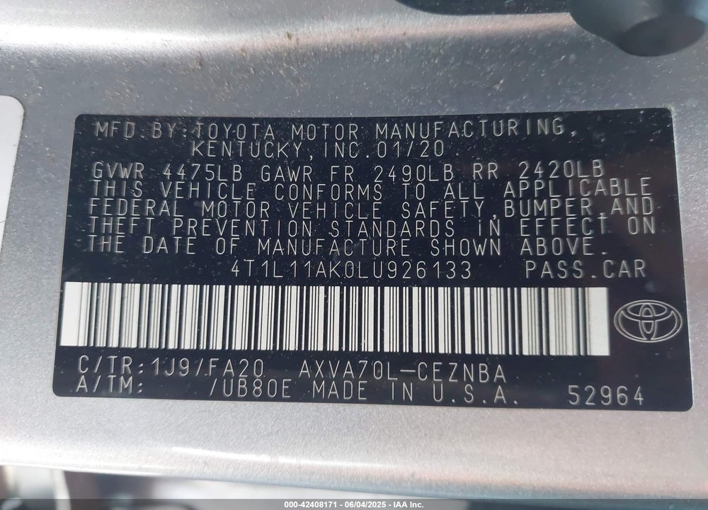 2020 TOYOTA CAMRY VIN: 4T1L11AK0LU926133
