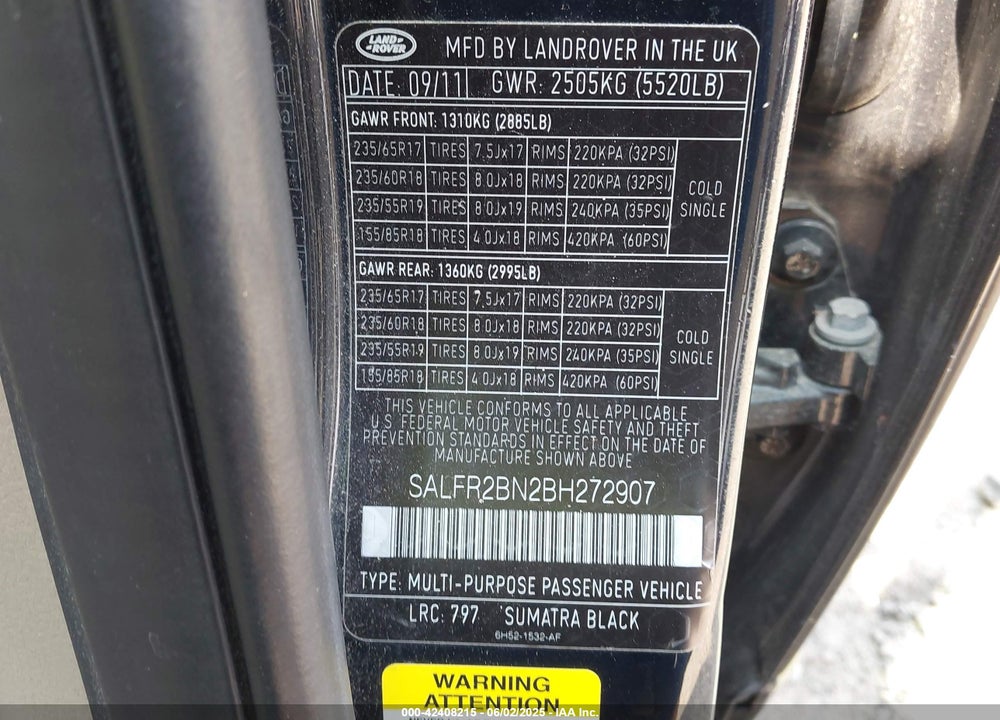 2011 LAND ROVER LR2 VIN: SALFR2BN2BH272907