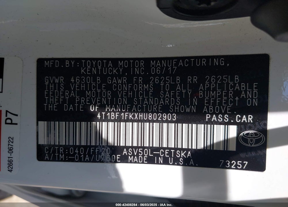 2017 TOYOTA CAMRY SE VIN: 4T1BF1FKXHU802903