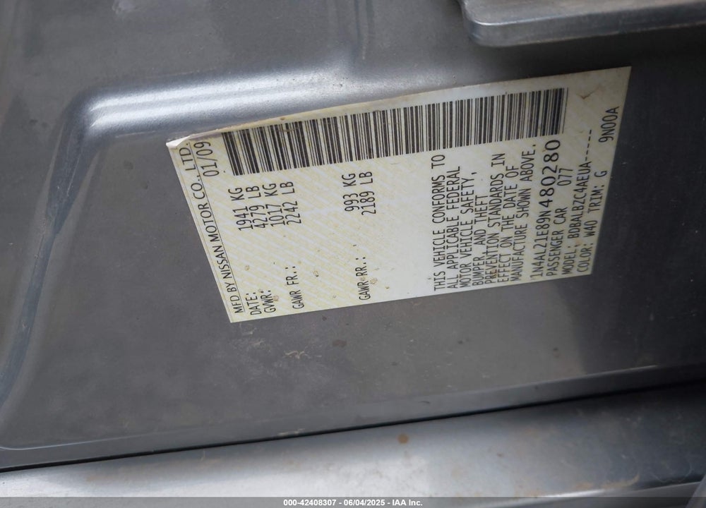 2009 NISSAN ALTIMA VIN: 1N4AL21E89N480280