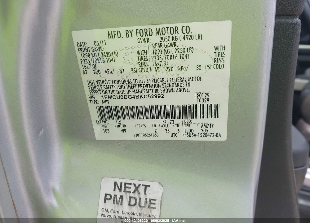 2011 FORD ESCAPE VIN: 1FMCU0DG4BKC52992