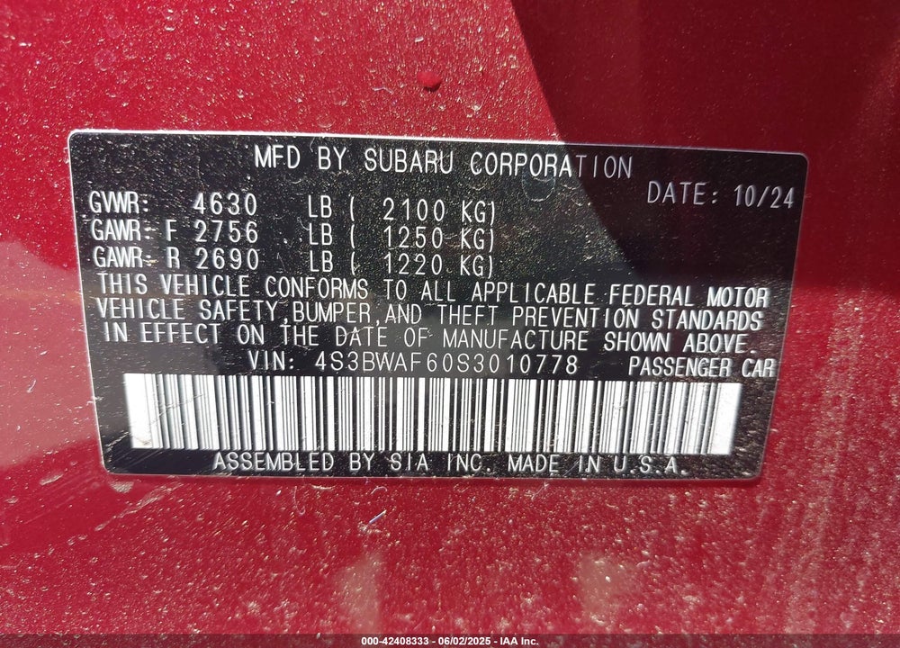 2025 SUBARU LEGACY PREMIUM VIN: 4S3BWAF60S3010778