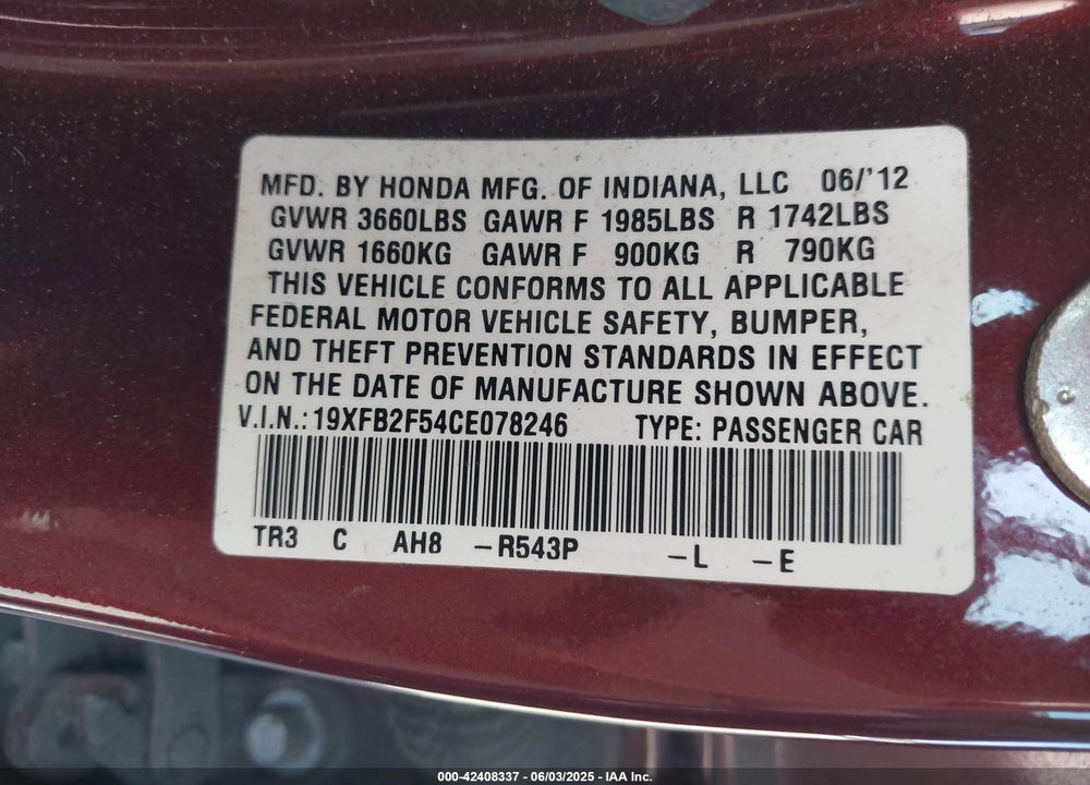 2012 HONDA CIVIC LX VIN: 19XFB2F54CE078246