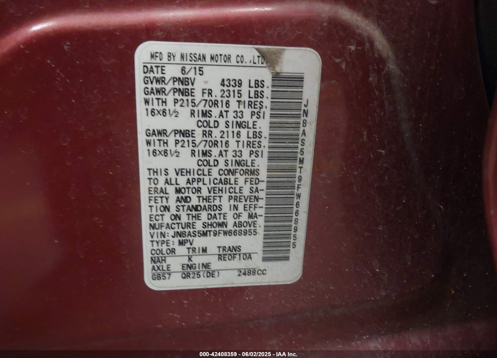 2015 NISSAN ROGUE SELECT VIN: JN8AS5MT9FW668955