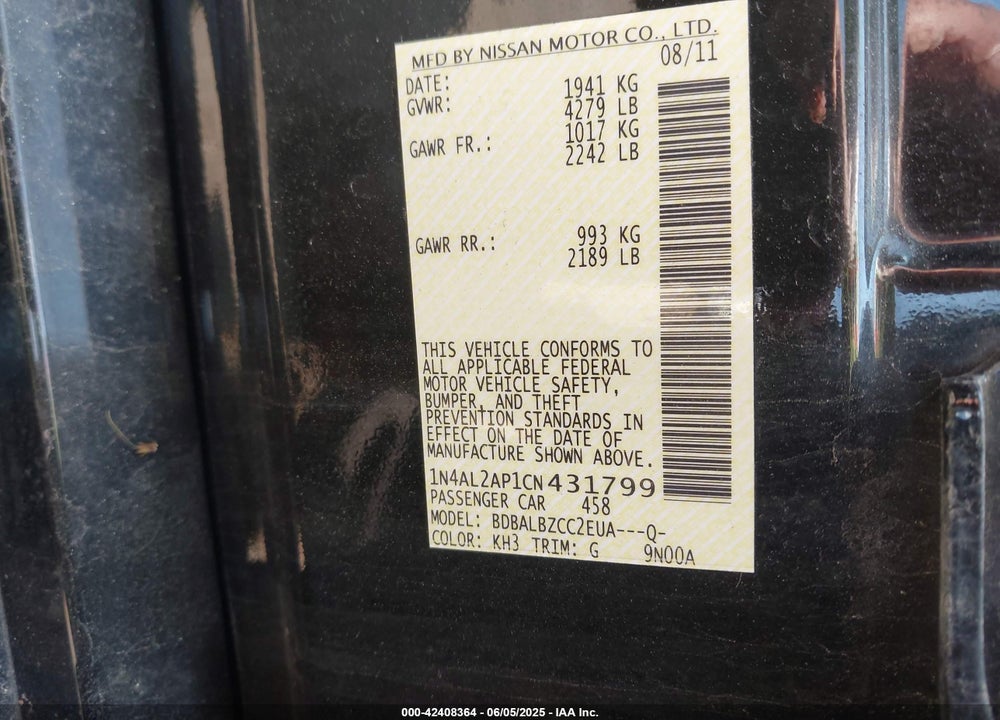 2012 NISSAN ALTIMA VIN: 1N4AL2AP1CN431799