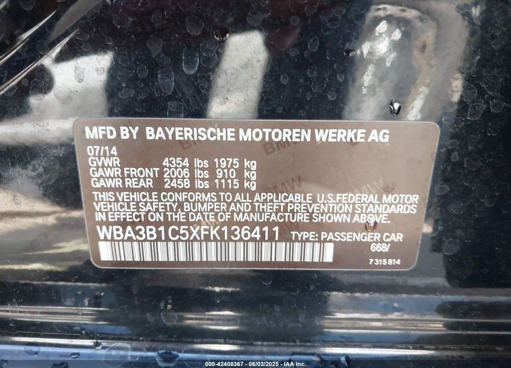 2015 BMW 320I VIN: WBA3B1C5XFK136411