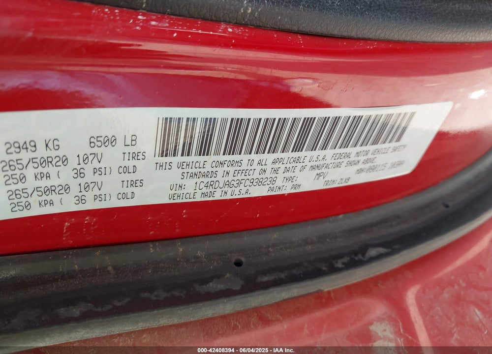 2015 DODGE DURANGO VIN: 1C4RDJAG3FC938238