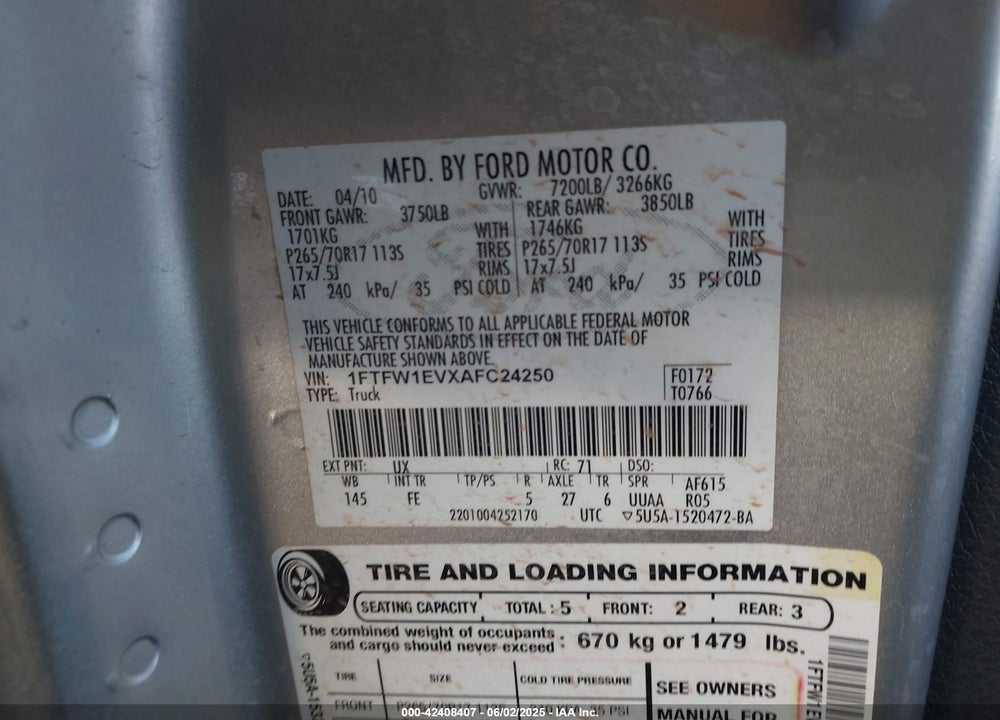 2010 FORD F-150 VIN: 1FTFW1EVXAFC24250