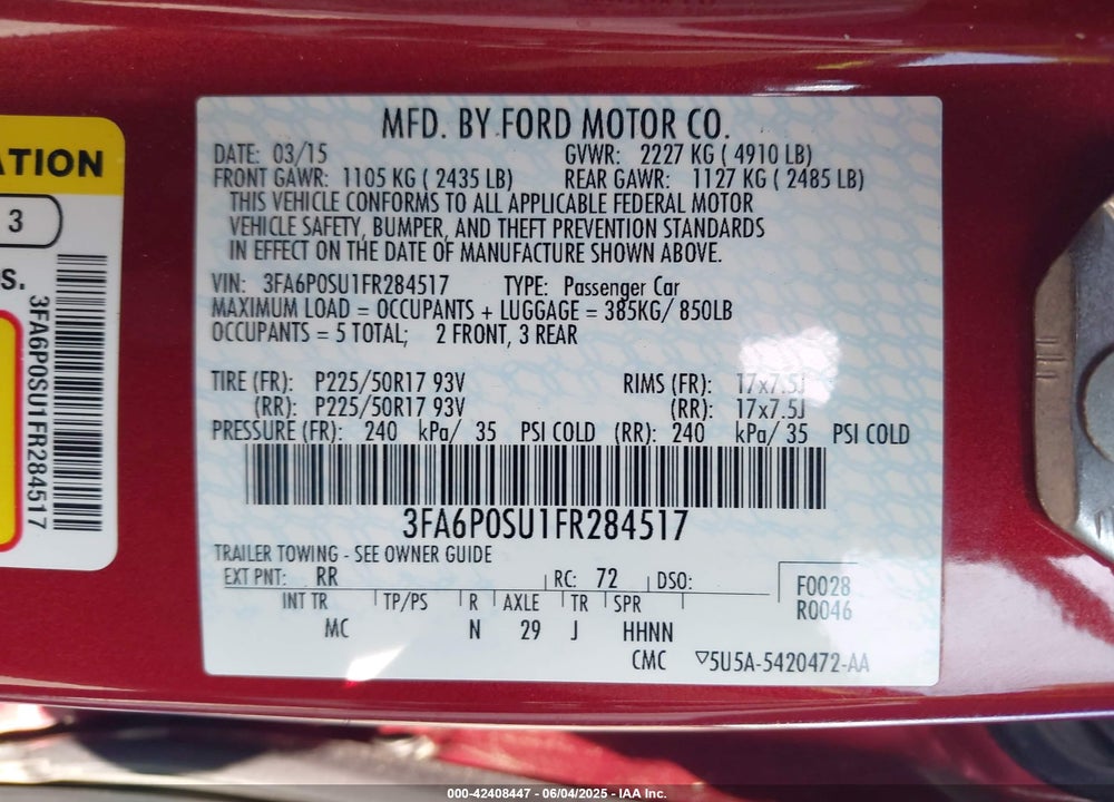 2015 FORD FUSION ENERGI TITANIUM VIN: 3FA6P0SU1FR284517