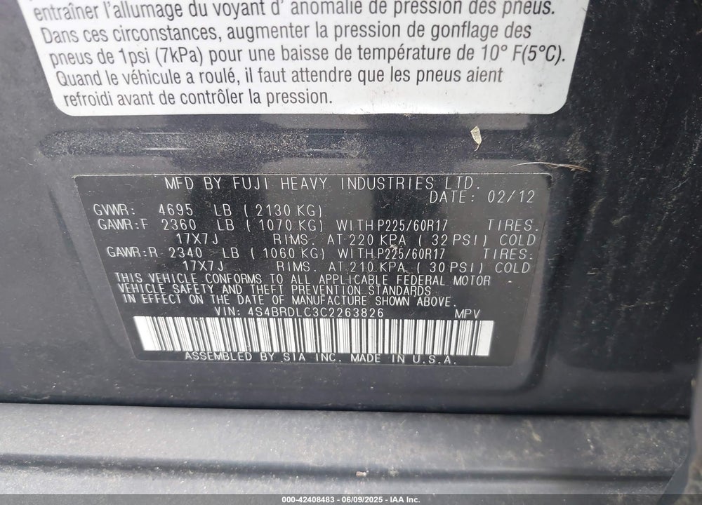 2012 SUBARU OUTBACK 3.6R LIMITED VIN: 4S4BRDLC3C2263826