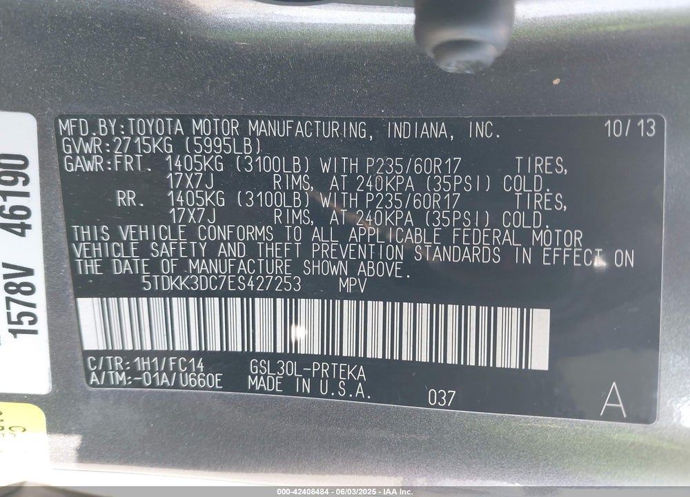 2014 TOYOTA SIENNA LE V6 8 PASSENGER VIN: 5TDKK3DC7ES427253