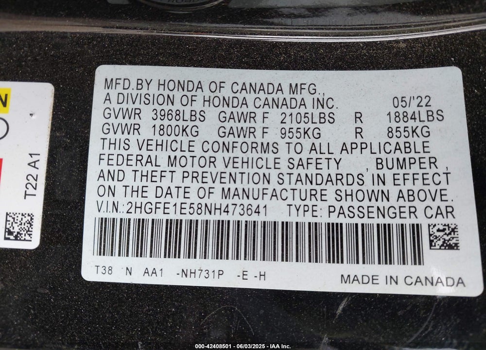 2022 HONDA CIVIC VIN: 2HGFE1E58NH473641