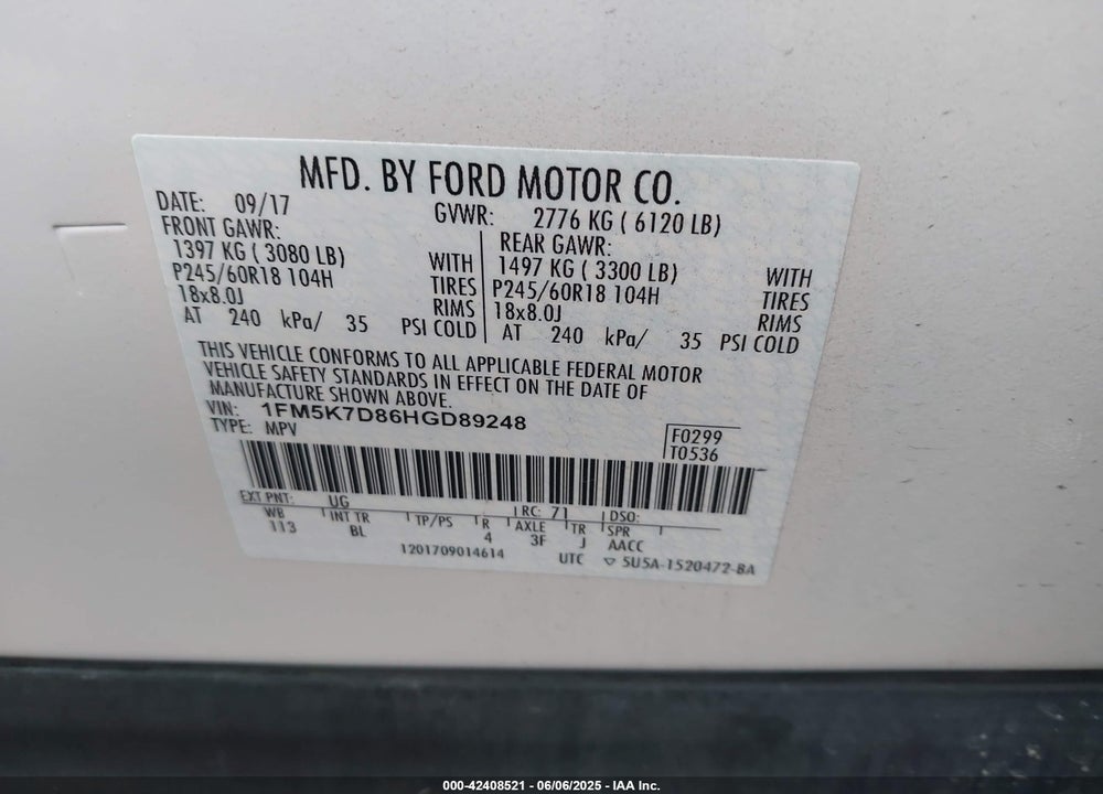 2017 FORD EXPLORER VIN: 1FM5K7D86HGD89248