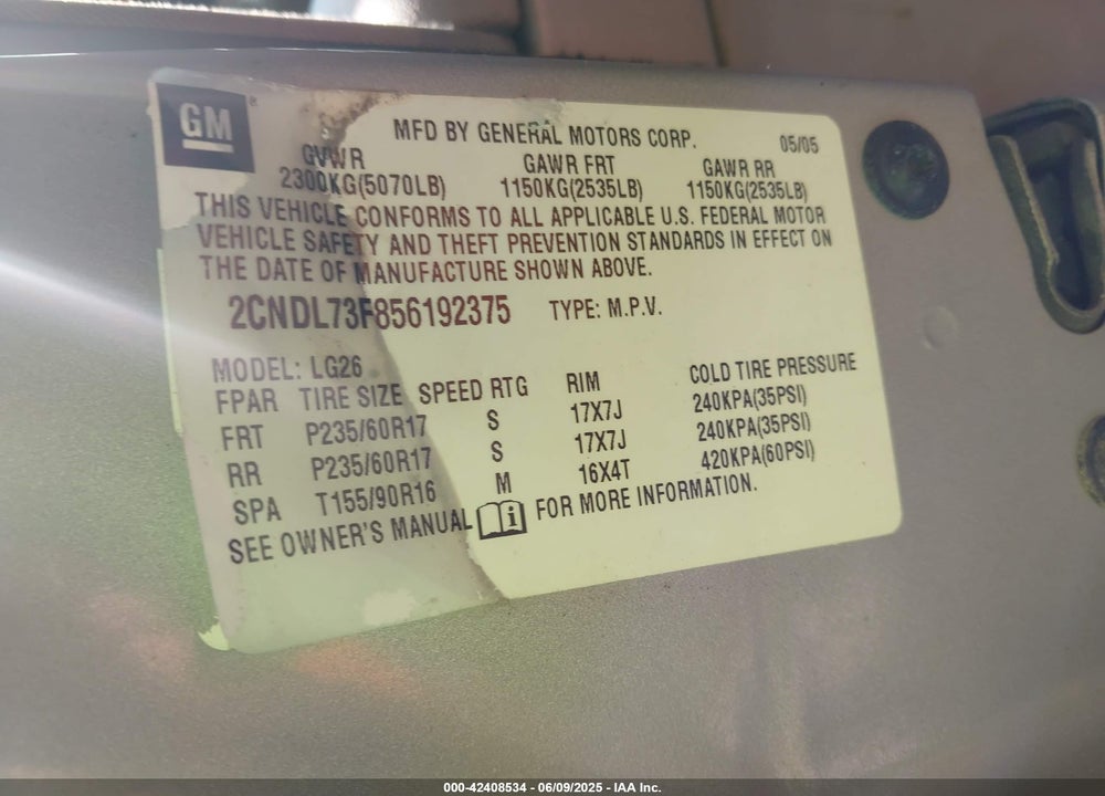 2005 CHEVROLET EQUINOX LT VIN: 2CNDL73F856192375
