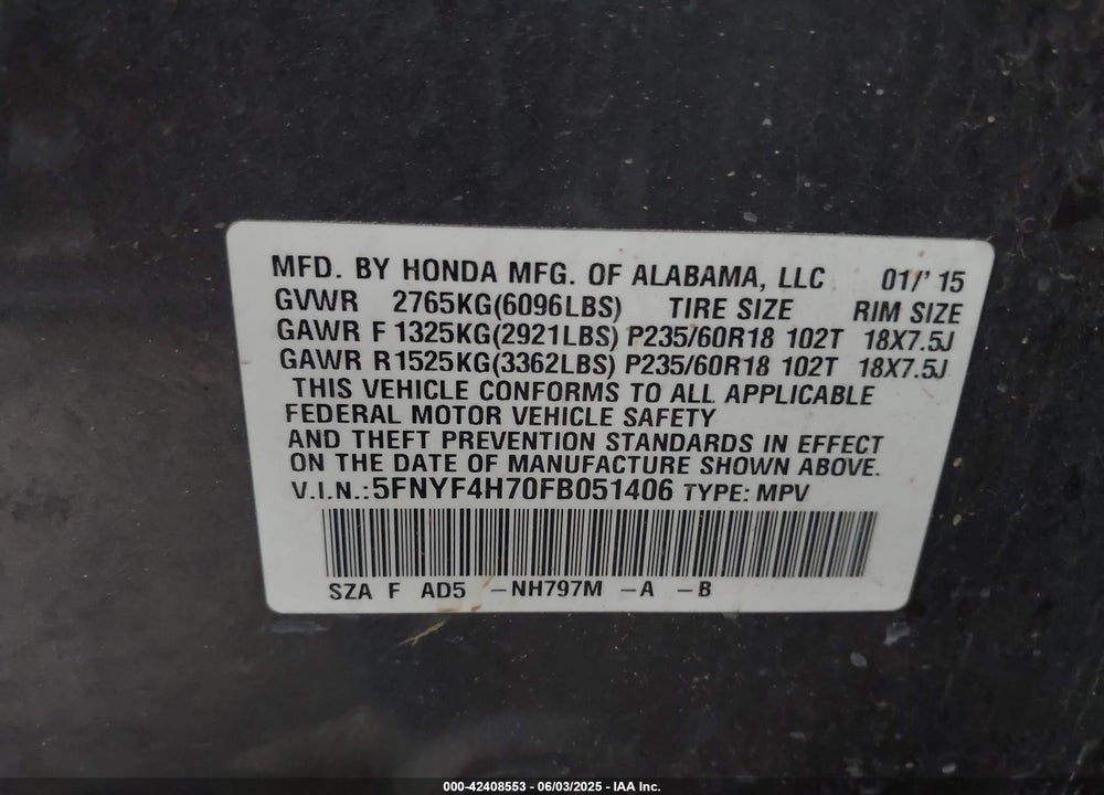 2015 HONDA PILOT EX-L VIN: 5FNYF4H70FB051406