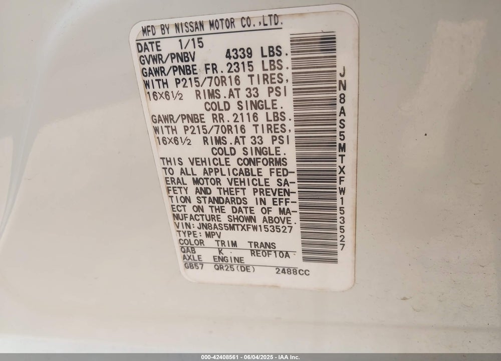 2015 NISSAN ROGUE SELECT VIN: JN8AS5MTXFW153527