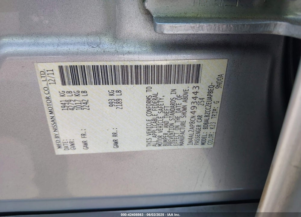 2012 NISSAN ALTIMA VIN: 1N4AL2AP8CN493443