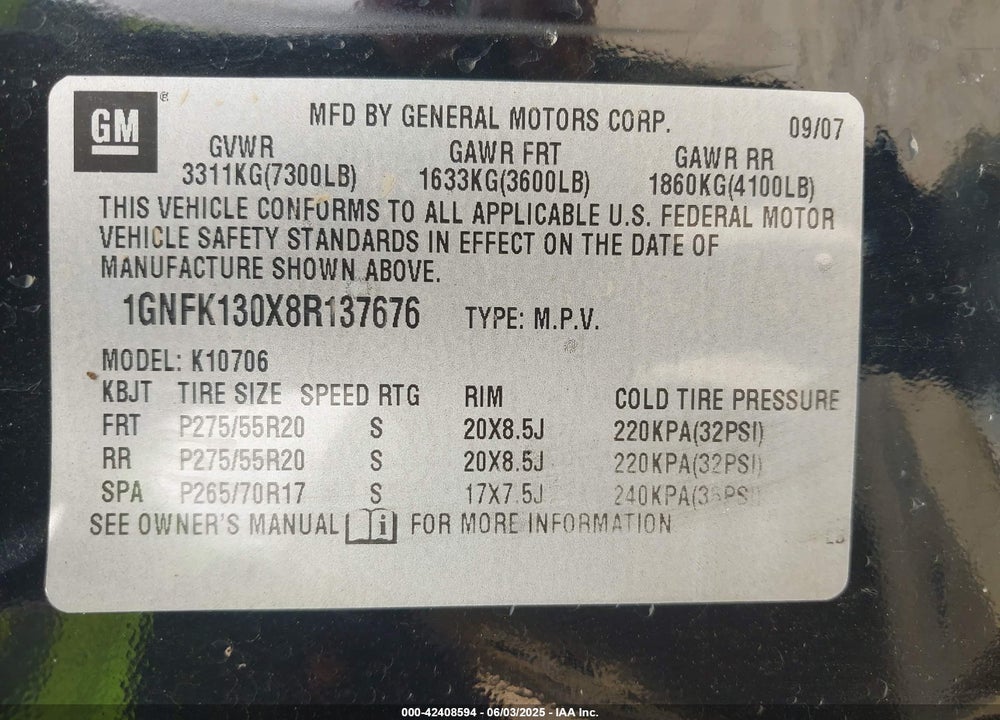 2008 CHEVROLET TAHOE VIN: 1GNFK130X8R137676