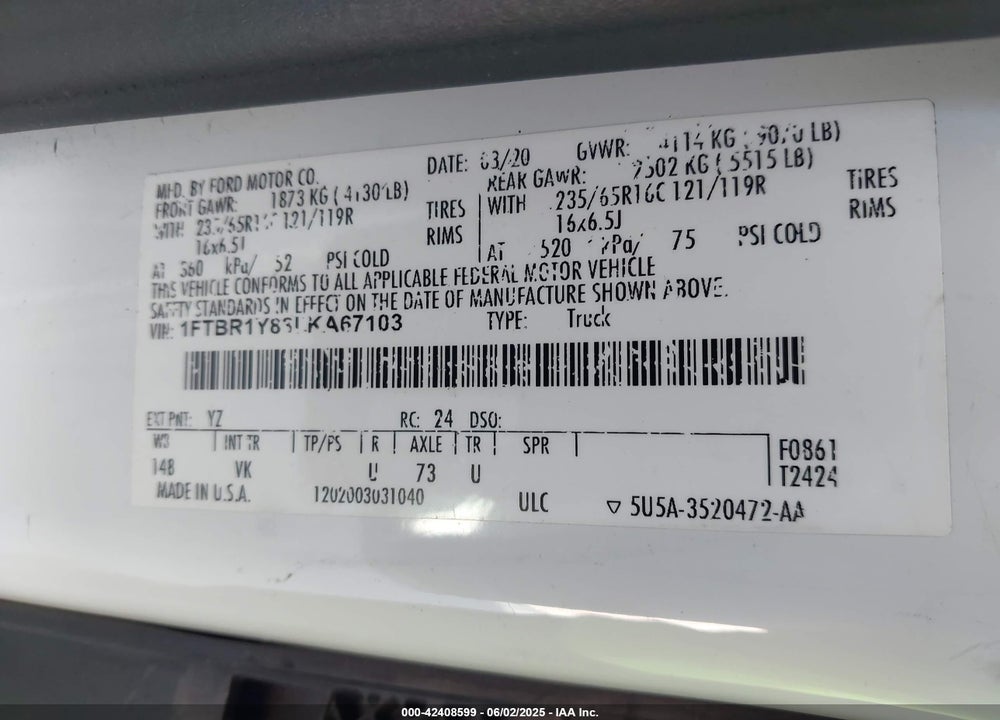 2020 FORD TRANSIT-250 VIN: 1FTBR1Y83LKA67103