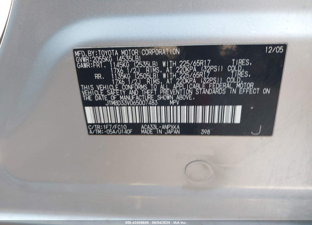 2006 TOYOTA RAV4 VIN: JTMBD33V065007483