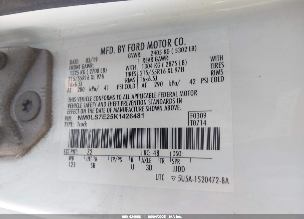 2019 FORD TRANSIT CONNECT XL VIN: NM0LS7E25K1426481
