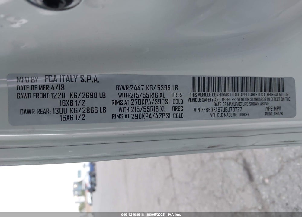 2018 RAM PROMASTER CITY VIN: ZFBERFAB7J6J70727