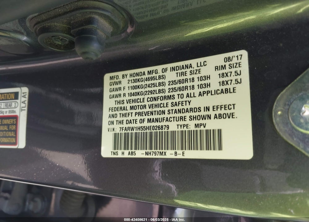 2017 HONDA CR-V VIN: 7FARW1H55HE026879
