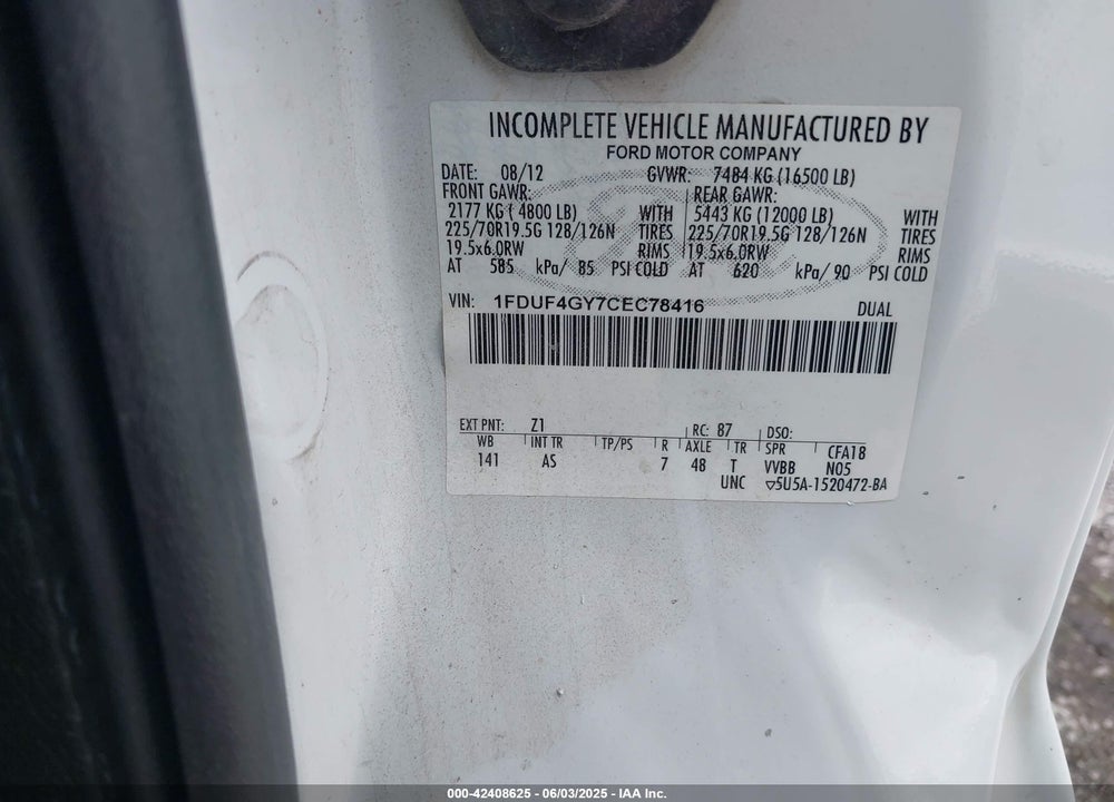 2012 FORD F-450 CHASSIS VIN: 1FDUF4GY7CEC78416