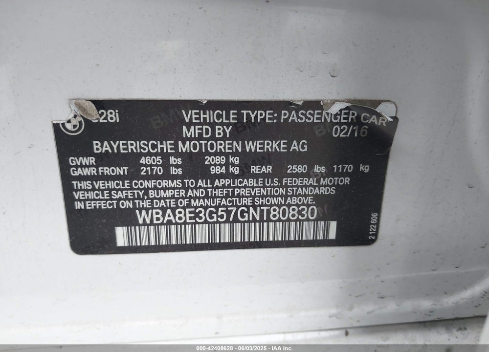2016 BMW 328I XDRIVE VIN: WBA8E3G57GNT80830