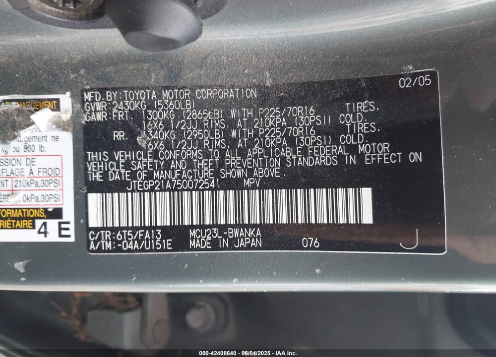 2005 TOYOTA HIGHLANDER V6 VIN: JTEGP21A750072541