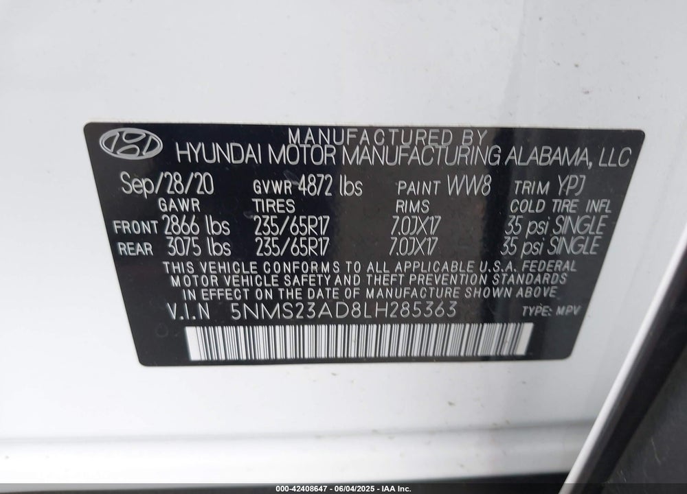2020 HYUNDAI SANTA FE SE VIN: 5NMS23AD8LH285363