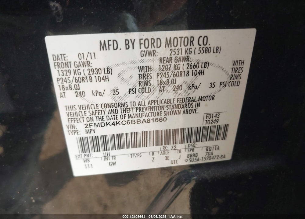 2011 FORD EDGE VIN: 2FMDK4KC6BBA81660
