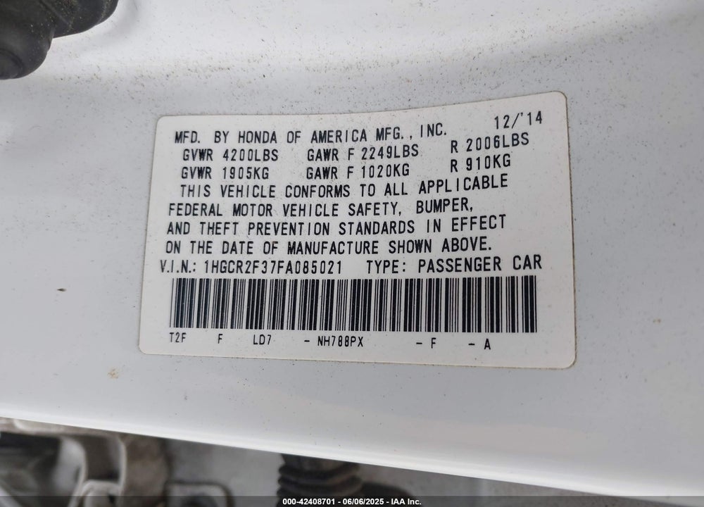 2015 HONDA ACCORD LX VIN: 1HGCR2F37FA085021